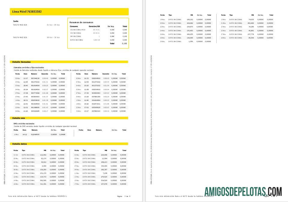 Espanha Masmovil Internet e fatura de serviços públicos móveis Formatos Word e PDF, 5 páginas. modelo